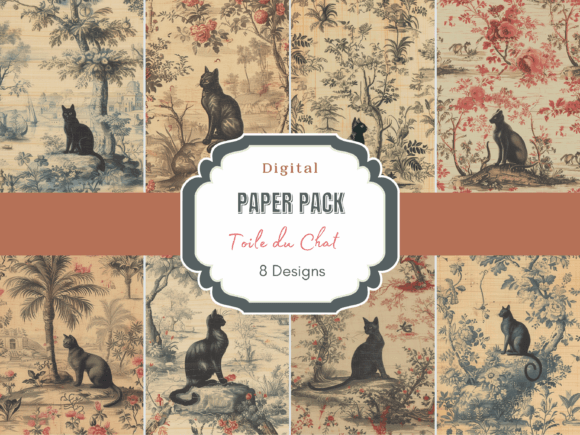 Cat Toile Chinoiserie Damask Digital Papers