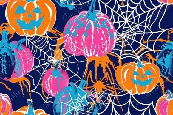 Colorful Halloween Pumpkins and Webs Seamless Pattern