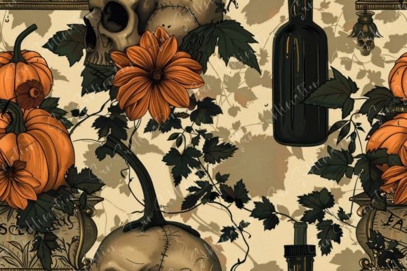 Halloween Floral Still Life Seamless Pattern