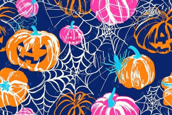 Halloween Pumpkin and Spider Web Seamless Pattern