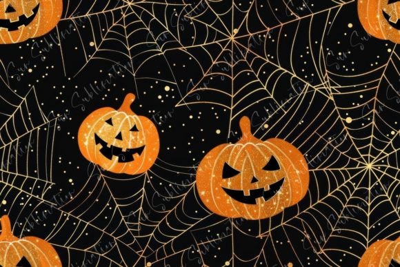 Halloween Pumpkins and Spider Webs Seamless Pattern