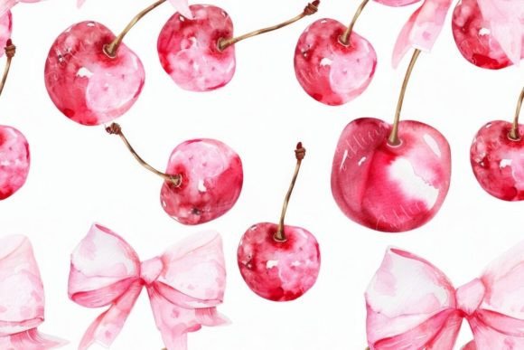 Red Watercolor Cherries and Pink Bows