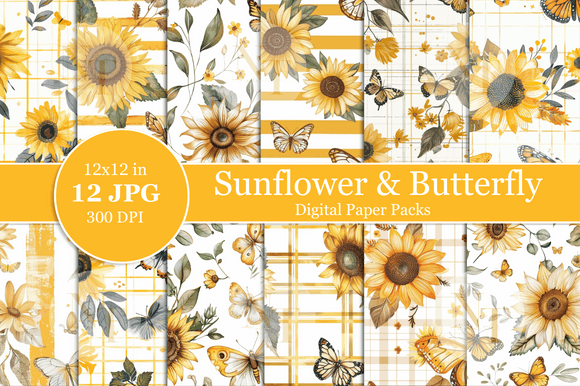Sunflower Butterfly Digital Paper for Creative Projects